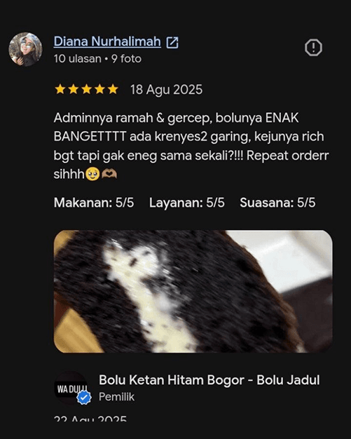 Testimoni pelanggan 2 Bolu Ketan Hitam Bogor